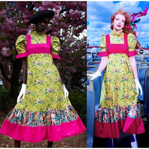 BATSHEVA X LAURA ASHLEY Archive Floral Print High Neck Puff Short Sleeve Dress 4 - Picture 1 of 11
